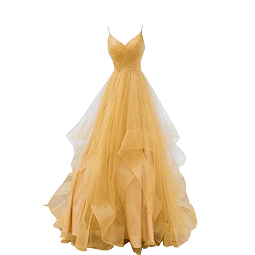 CLcaojun Damen Tüll V Ausschnitt Bling Glänzendes Abendkleid Ärmellos Spaghettiträger Lang Layered Bankett Abschlussball Kleid, gelb, 38 CLcaojun Damen Tüll V Ausschnitt Bling Glänzendes Abendkleid Ärmellos Spaghettiträger Lang Layered Bankett Abschlussball Kleid, gelb, 38 von CLcaojun