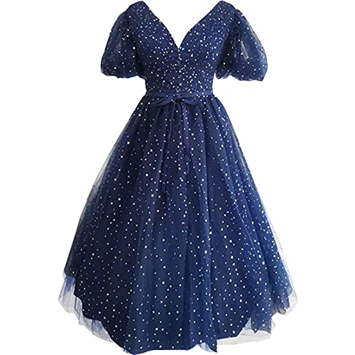 CLcaojun Damen V-Ausschnitt Puffy Ärmel Abendkleider Sternenhimmel Tüll Homecoming Kleid Teelänge A-Linie Ballkleid, marineblau, 38 von CLcaojun
