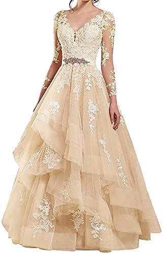 CLcaojun Damenkleid mit langen Ärmeln, durchsichtig, V-Ausschnitt, Brautkleid, Champagner, 44 von CLcaojun