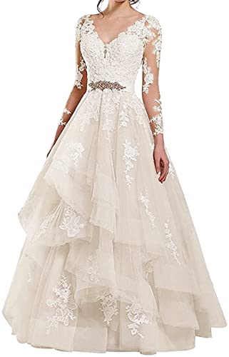 CLcaojun Damenkleid mit langen Ärmeln, durchsichtig, V-Ausschnitt, Brautkleid, elfenbeinfarben, 52 von CLcaojun