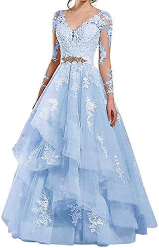 CLcaojun Damenkleid mit langen Ärmeln, durchsichtig, V-Ausschnitt, Brautkleid, hellblau, 54 von CLcaojun