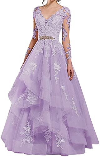 CLcaojun Damenkleid mit langen Ärmeln, durchsichtig, V-Ausschnitt, Brautkleid, lavendel, 50 von CLcaojun