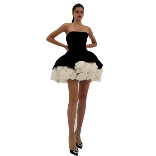 CLcaojun Trägerloses Mini-Abschlussballkleid, Samt, ärmellos, schulterfrei, A-Linie, Partykleid, Blumen, Heimkehrkleid, Schwarz , 38 von CLcaojun