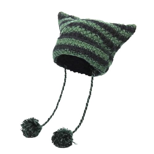 CLoxks Mütze Beanie Hut Mützen Haar Gestreifte Strickkappe Herbst Und Winter Warme Hüte OneSize Black Green von CLoxks