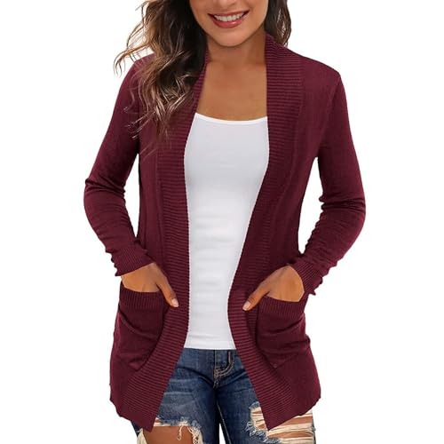 CLoxks Strickjacke Cardigan Damen Strickjacke Einfarbig Baumwolle Taschen-Cardigan Street-Trendsetter-Pullover Damenbekleidung XL Burgunderrot von CLoxks