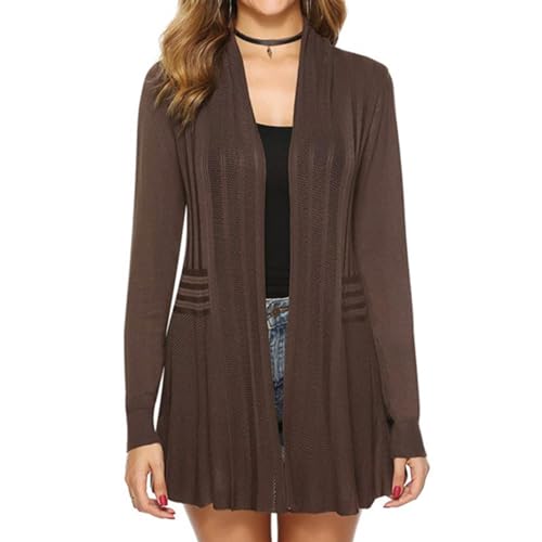 CLoxks Strickjacke Cardigan Damen Vorne Offener Langärmeliger Mittellanger Ausgehöhlter Leichter Strickpullover Für Damen M Braun von CLoxks