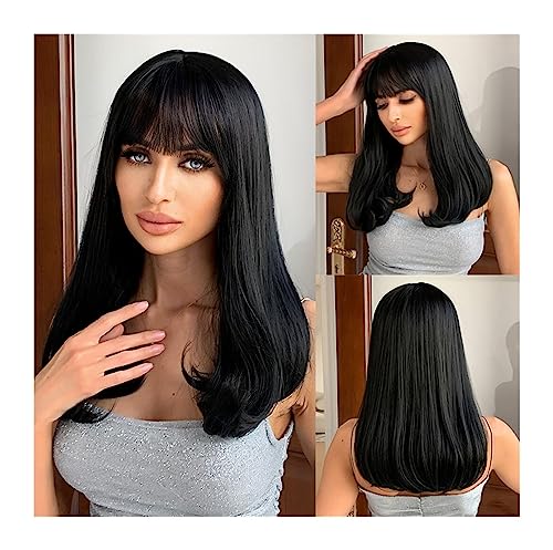 Cosplay Perücke Mittellange schwarze gerade synthetische Perücke, natürlich aussehende schwarze Haarperücken mit Pony, hitzebeständiges Haar for Frauen, tägliche Party Party Cosplay Perücke von CLoxks