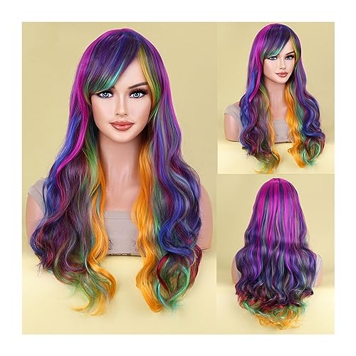 Damen Perücken 28 Zoll Aideshair Cosplay Perücke Weihnachten Lila Halbrosa Kunsthaar Perücken mit Pony for Schwarz Weiß Frau Hitze Beauty Ladieshair von CLoxks