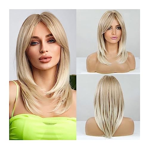 Damen Perücken Lange blonde geschichtete Perücken for Frauen, synthetische Perücke mit Pony, natürlich aussehendes glattes Hochtemperaturhaar for den Alltag Beauty Ladieshair von CLoxks