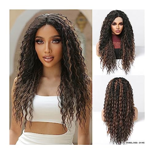 Damen Perücken Lange lockige synthetische Lace-Front-Perücken, schwarze goldene Highlight-Spitzenperücke for schwarze Frauen, Afro-Cosplay, tiefe Welle, hitzebeständig Beauty Ladieshair von CLoxks