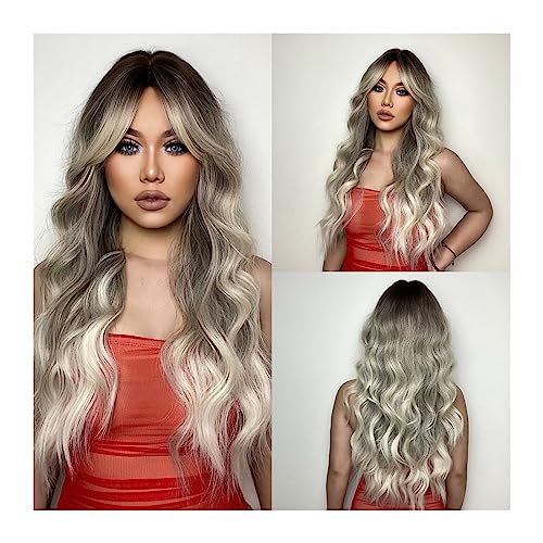 Damen Perücken Ombre Aschebraune blonde synthetische Perücken for Frauen, lange gewellte graue Platin-Perücken mit Pony, tägliches Cosplay, natürliches Kunsthaar Beauty Ladieshair von CLoxks