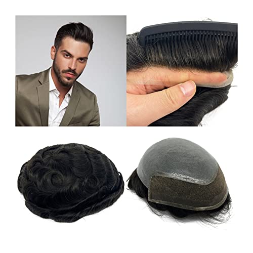 Herren Toupet Toupet for Männer, vordere Schweizer Spitze mit 0,08 mm dünner Haut, Männer-Toupet, natürliches Echthaar-Ersatzsystem, 20,3 x 25,4 cm, PU-Basis, männliches Haar, Prothese, Haarteil Kurze von CLoxks