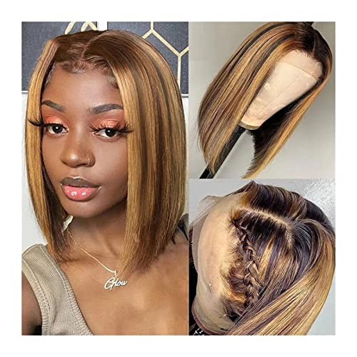 Perücke für Frauen Brasilianer 13x1 Highlight Kurzer Bob-Perücken 8-16 Zinch Honey Brown-transparent T-Teil Lace-Front Bob Perücken Menschenhaarperücken for Frauen Human Hair Wig (Color : HL4-27 13X1 von CLoxks