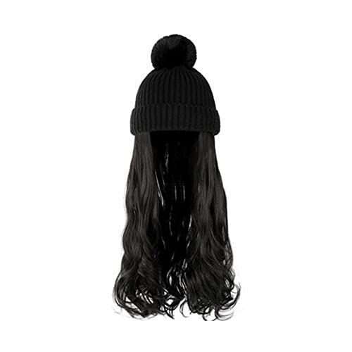 Perückenkappen Damenmode lange lockige Welle Hut Perücke Herbst und Winter abnehmbare schwarz braun grau Perücke mit Hut Perückenkappen für Damen (Color : Black P1) von CLoxks