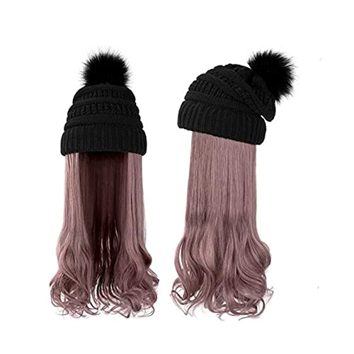 Perückenkappen Mütze, langes gewelltes lockiges Haar, synthetische Perücke for Damen, Winter, warm, abnehmbare Strickmütze, 55,9 cm, goldbraune Perücke Perückenkappen für Damen (Color : Pink 1) von CLoxks