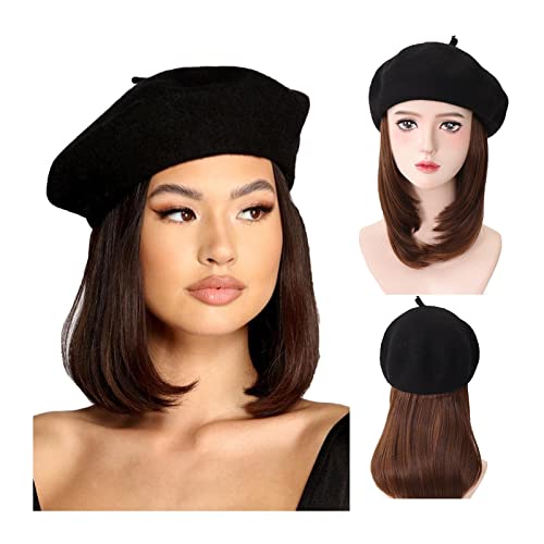 Perückenkappen Perücke Damen Hut Perücke kurze gerade synthetische Perücke schwarze Haarverlängerungen 16 Zoll glattes Haar for Damen Perückenkappen für Damen (Color : Light Brown) von CLoxks