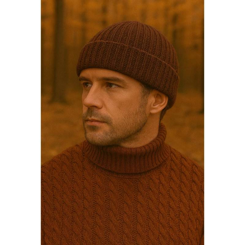 Handgestrickte Braune Beanie/Mütze Weiche Merino Wolle, Doppelripp Gestrickt von CLuxurySocks