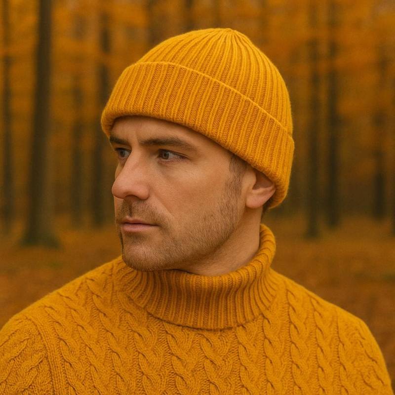 Handgestrickte Mustard Mütze Weiche Merino Wolle Doppelrippstrick von CLuxurySocks