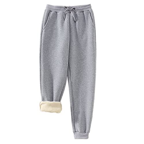 CM C&M WODRO Damen Warme Sherpa Jogginghose Winter Thermo Fleece Verdicken Hosen Frauen Kordelzug Sporthosen Gefüttert Sweatpants mit Taschen(S,Hellgrau) von CM C&M WODRO
