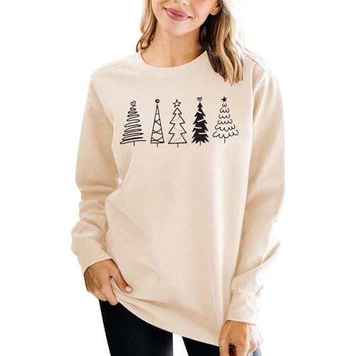 CM C&M WODRO Frauen Weihnachtsbaum Sweatshirts Lustige Niedliche Grafik Pullover Langarm Urlaub Shirt Tops Weihnachten Outfits, Beige, M von CM C&M WODRO