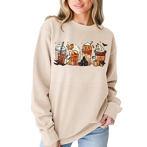 cm C&M WODRO Halloween Crewneck Sweatshirt Frauen Kürbis Kaffee Shirt Cute Ghost Spice Latte Pullover Gruselige Jahreszeit Tops, Aprikose-Kaffee, L von CM C&M WODRO