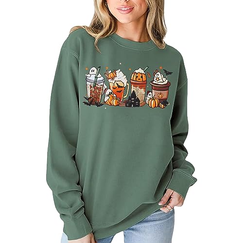 CM C&M WODRO Halloween Crewneck Sweatshirt Frauen Kürbis Kaffee Shirt Cute Ghost Spice Latte Pullover Gruselige Jahreszeit Tops, Grün-Herbst, XXL von CM C&M WODRO