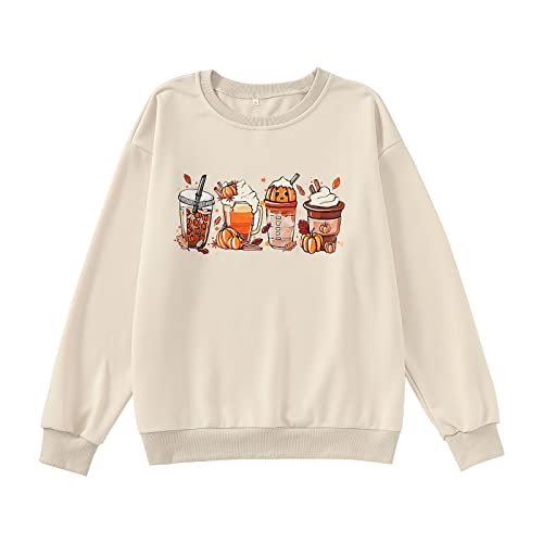 Frauen Halloween Kürbis Kaffee Shirt Langarm Niedlich Rundhalsausschnitt Sweatshirts Casual Pullover Top Herbst Kleidung, beige, Large von CM C&M WODRO