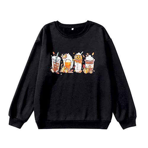 Frauen Halloween Kürbis Kaffee Shirt Langarm Niedlich Rundhalsausschnitt Sweatshirts Casual Pullover Top Herbst Kleidung, schwarz, Large von CM C&M WODRO