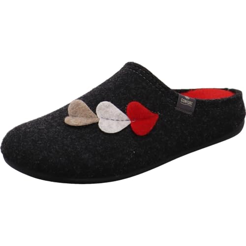 CM Confort Damen Hausschuh in Anthrazit Grau aus Textil Filz mit Herz und Wechselfußbett in Rot. grau Gr. 42 von CM Confort