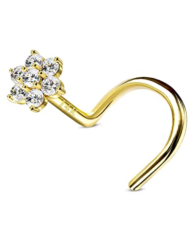 CM Crareesi Mania 14Karat 585 Echtgold Nasenpiercing Spirale Blumen Nasenring Stud Piercing Nasen Screw L/S-Form 20 Gauge(0,8mm) Nostril Piercing Schmuck mit Zirkonia Kristall Diamant für Damen von CM Crareesi Mania