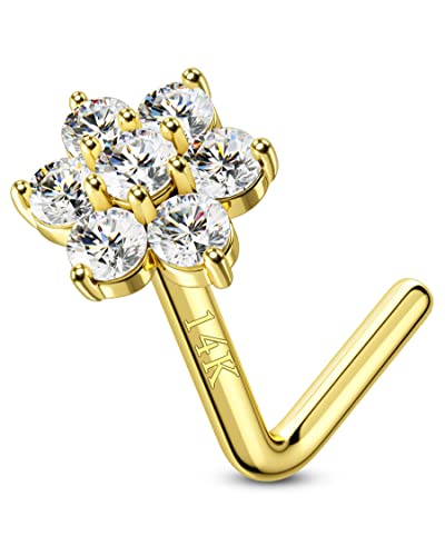 CM Crareesi Mania 14Karat 585 Echtgold Nasenpiercing Spirale Blumen Nasenring Stud Piercing Nasen Screw L/S-Form 20 Gauge(0,8mm) Nostril Piercing Schmuck mit Zirkonia Kristall Diamant für Damen von CM Crareesi Mania