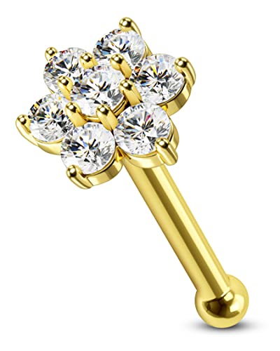 CM Crareesi Mania 14Karat 585 Echtgold Nasenpiercing Spirale Blumen Nasenring Stud Piercing Nasen Screw L/S-Form 20 Gauge(0,8mm) Nostril Piercing Schmuck mit Zirkonia Kristall Diamant für Damen von CM Crareesi Mania