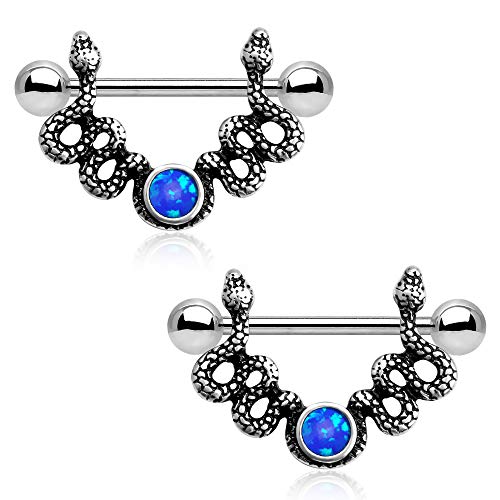 CM Crareesi Mania 2 Stück Schlange Nippelpiercing Brustwarzenpiercing aus 316L Chirurgenstahl 14G Silber brustpiercing blau Piercing Brust Brustwarzen Schmuck Frau Männer von CM Crareesi Mania