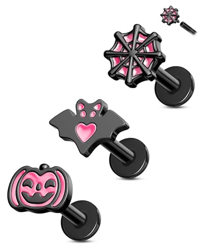CM Crareesi Mania 3 Stück Halloween Helix Piercings Schwarz 16G Knorpel Ohrringe Ohrstecker Conch Piercing 8mm Edelstahl Tragus Vorwärts Helix Labret Lippen Piercing Schmuck für Frauen Männer von CM Crareesi Mania