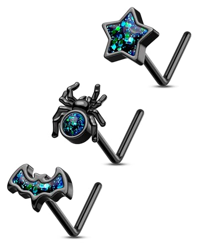 CM Crareesi Mania 3Stück Halloween Nasenpiercing Chirurgenstahl Nasenstecker L-förmige Schwarz Fleder Spinne Stern Piercing Nase Ring Nostril Piercing Schmuck 20G Gothik Nasenringe für Männer Frauen von CM Crareesi Mania