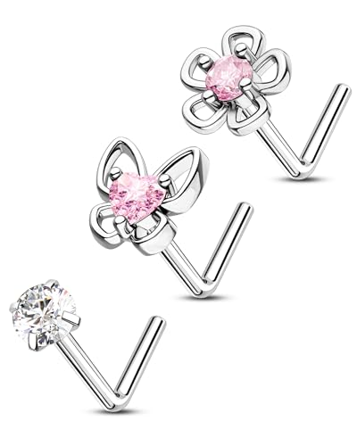 CM Crareesi Mania 3 Stück Schmetterling Blume Nasenpiercing Silber L-förmige Nasenstecker Nostril Piercing Schmuck 316L Chirurgenstahl 20Gauge Nasenringe für Frauen von CM Crareesi Mania