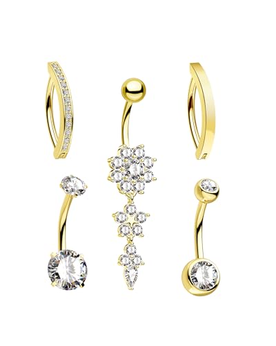 CM Crareesi Mania 5 Stück Bauchnabelpiercing Blume Gold Bauchnabelpiercing Chirurgenstahl 14G Lang Piercing Bauchnabel Ring 10mm Nabelpiercing für Frauen von CM Crareesi Mania