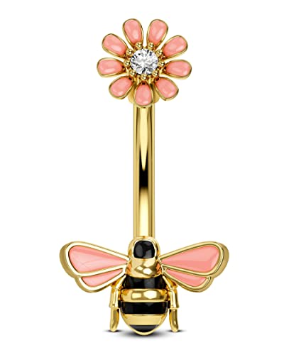 CM Crareesi Mania Bienen Blumen Bauchnabelpiercing Gold 316L Chirurgenstahl Bauchnabelpiercing 10mm Stablänge 14G Schwangerschftspiercing Bauchnabel Süße Nabel Piercing Schmuck für Mädchen Frauen von CM Crareesi Mania