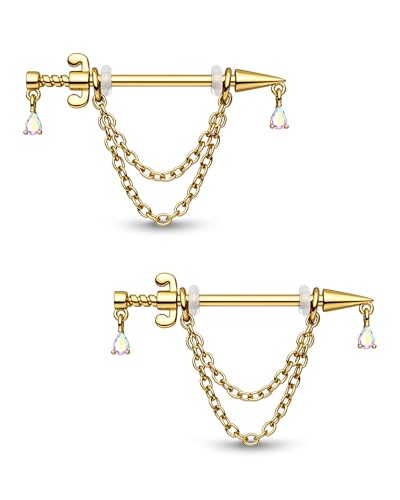 CM Crareesi Mania Nippelpiercing Schmuck Gold Dolch Brustwarzenpiercing 14G Gold Nippelpiercing Chirurgenstahl mit Baumelnd Tropfenförmig AB CZ Nippelpiercing für Frauen von CM Crareesi Mania