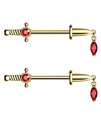 CM Crareesi Mania Dolch Nippelpiercing Gold Brustwarzenpiercing 14g Nippel Piercings 316L Chirurgenstahl Gotisch Baumelnd rot Zirkonia Brustpiercing Schmuck Frau Männer von CM Crareesi Mania