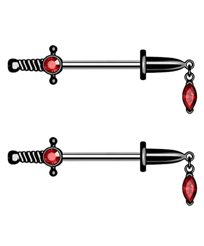 CM Crareesi Mania Dolch Nippelpiercing Schwarz Brustwarzenpiercing 14g Nippel Piercings 316L Chirurgenstahl Gotisch Baumelnd rot Zirkonia Brustpiercing Schmuck Frau Männer von CM Crareesi Mania