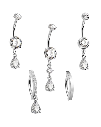 CM Crareesi Mania Gold Silber Bauchnabelpiercing 5Stück Baumelnd Chirurgenstahl Bauchnabelpiercing Klares CZ 10mm Nabelpiercing 14G Bauchnabel Piercing für Frauen von CM Crareesi Mania