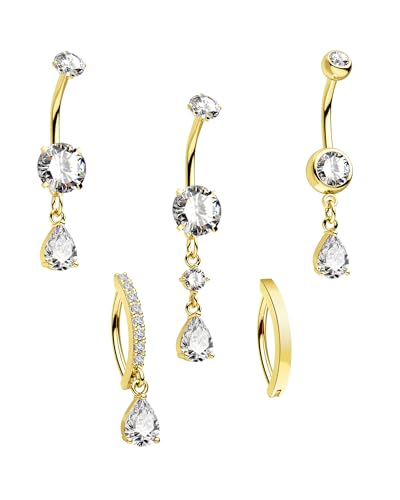 CM Crareesi Mania Gold Silber Bauchnabelpiercing 5Stück Baumelnd Chirurgenstahl Bauchnabelpiercing Klares CZ 10mm Nabelpiercing 5Stück 14G Bauchnabel Piercing für Frauen von CM Crareesi Mania