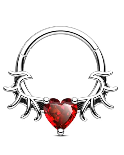 CM Crareesi Mania Halloween Daith Septum Piercing Silber Dämonenflügel Helix Daith Knorpel Piercing Ohr 10mm Chirurgenstahl Helix Hoop klicker Körperschmuck mit Herz Rot CZ für Frauen Männer von CM Crareesi Mania