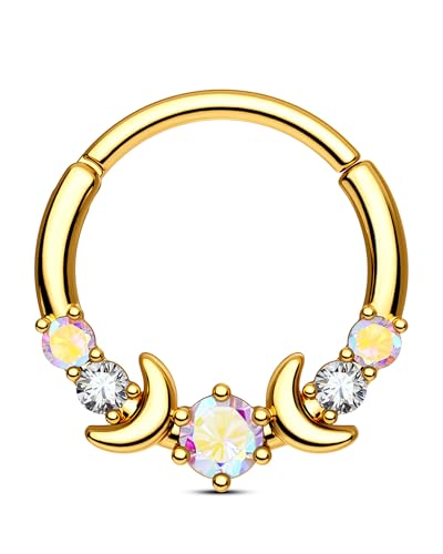 CM Crareesi Mania Septum Daith Helix Mondphase Piercing Edelstahl 316L Gold Ohrringe Creolen 10mm mit Kristall AB Klar Zirkonia für Damen Herren von CM Crareesi Mania