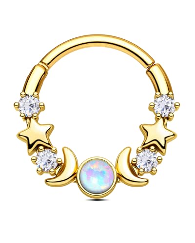 CM Crareesi Mania Moon Star Septum Piercing Schmuck Gold Silber 16G Septum Ringe mit Opal 316L Edelstahl Daith Piercing Schmuck Mond Septum Piercing Helix Daith Ohrring für Frauen, 10 mm, Opal von CM Crareesi Mania