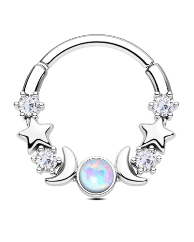 CM Crareesi Mania Moon Star Septum Piercing Schmuck Gold Silber 16G Septum Ringe mit Opal 316L Edelstahl Daith Piercing Schmuck Mond Septum Piercings Helix Daith Ohrring für Frauen, 10 mm, Opal von CM Crareesi Mania