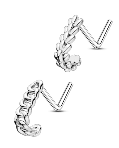 CM Crareesi Mania Nasenstecker, L-förmig, Nasenpiercing, Schmuck, 316L Edelstahl, Nasenschraube 20 Gauge, Nasenringe mit Kette und Weizenohren für Frauen, 2 Stück, 7 mm, Edelstahl von CM Crareesi Mania