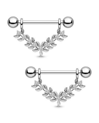 CM Crareesi Mania Nippel Bars Blatt CZ Nippel Ringe 14G/1.6mm Nippel Piercing Schmuck Silber Nippel Barbells 316l Edelstahl Körper Piercings für Frauen Männer von CM Crareesi Mania