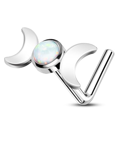 CM Crareesi Mania Nose Stud L Shape Nose Piercing Schmuck 20G/0.8mm Double-Moons & Opal Nose Studs 316l Edelstahl Silber Nasenringe Nostril Piercing Schmuck für Frauen von CM Crareesi Mania